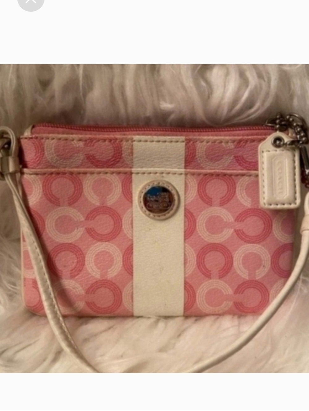 Coach Pink And Cream Circle C Signature Stripe Mini Handbag Wristlet - Picture 5 of 5